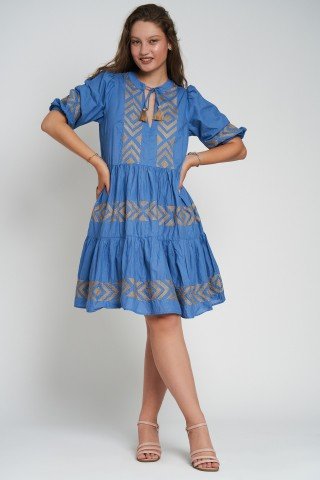 Rochie albastra din bumbac cu broderie