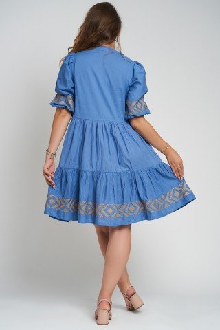 Rochie albastra din bumbac cu broderie