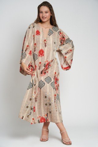 Rochie stil kaftan cu imprimeu si maneci largi