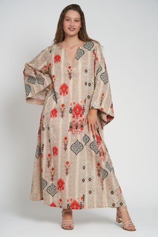 Rochie stil kaftan cu imprimeu si maneci largi