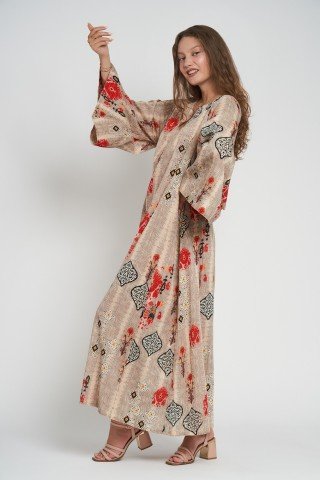 Rochie stil kaftan cu imprimeu si maneci largi