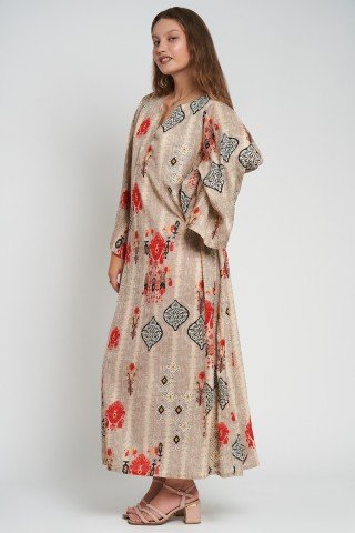 Rochie stil kaftan cu imprimeu si maneci largi