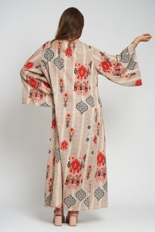 Rochie stil kaftan cu imprimeu si maneci largi