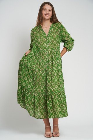Rochie verde din bumbac cu imprimeu geometric