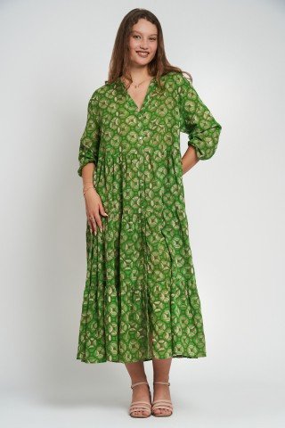 Rochie verde din bumbac cu imprimeu geometric