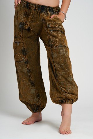 Pantaloni unisex maro-auriu cu print ciuperci psihedelice
