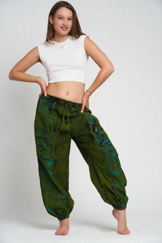 Pantaloni unisex verzi cu print turcoaz