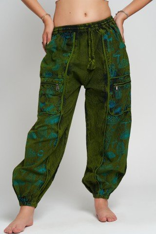 Pantaloni unisex verzi cu print turcoaz