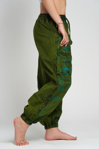 Pantaloni unisex verzi cu print turcoaz