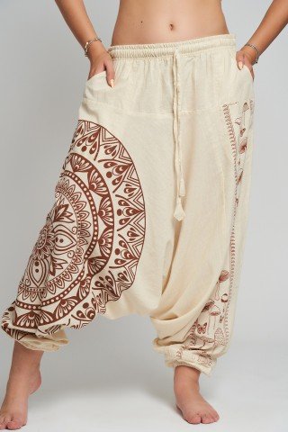 Salvari crem din bumbac cu print mandala si ciuperci – block print maro