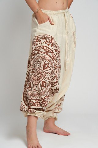 Salvari crem din bumbac cu print mandala si ciuperci – block print maro