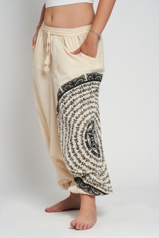 Salvari crem cu print negru sanscrit ?i mandala – unisex, bumbac, block print
