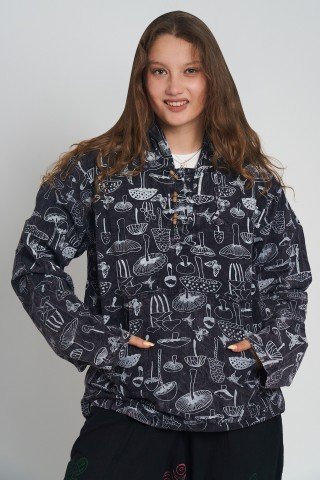 Jacheta unisex ciuperci albe pe fond negru – print psihedelic, gluga si buzunare