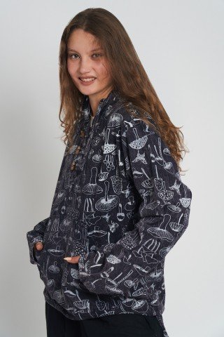 Jacheta unisex ciuperci albe pe fond negru – print psihedelic, gluga si buzunare