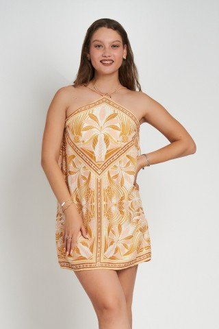 Rochie scurta beige cu imprimeut tropical si fir auriu