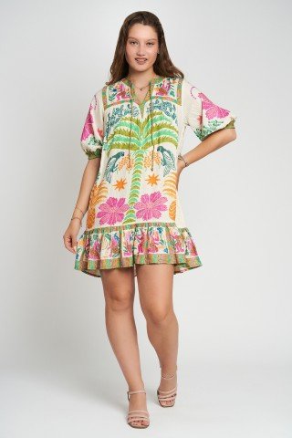 Rochie scurta cu volan, imprimeu tropical si fir auriu