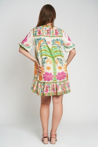 Rochie scurta cu volan, imprimeu tropical si fir auriu