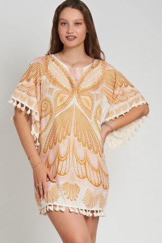 Rochie tunica cu imprimeu in forma de fluturi si ciucuri – kaftan boem