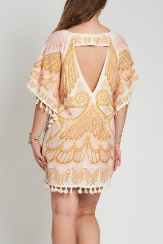 Rochie tunica cu imprimeu in forma de fluturi si ciucuri – kaftan boem