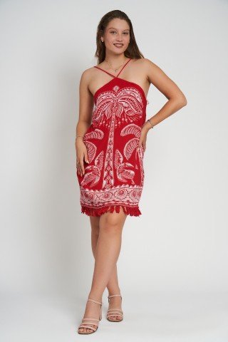 Rochie rosie cu imprimeu Scarlet Tropic si ciucuri