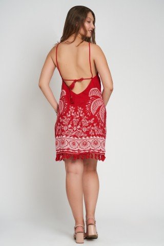 Rochie rosie cu imprimeu Scarlet Tropic si ciucuri