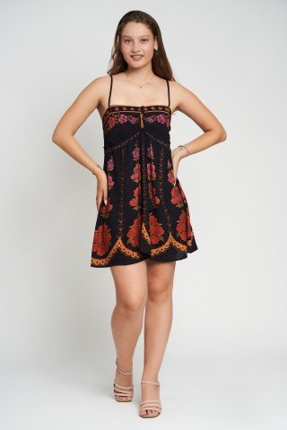 Rochie neagra cu imprimeu floral etno Marry