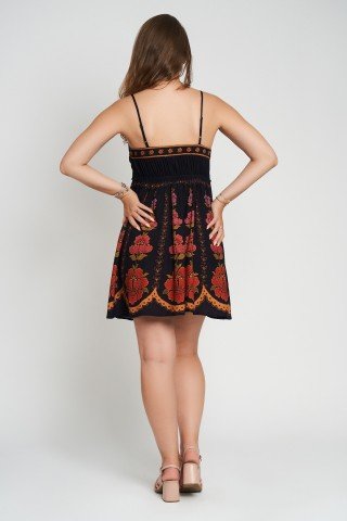 Rochie neagra cu imprimeu floral etno Marry