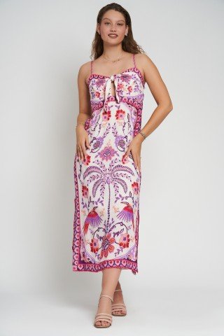 Rochie lunga cu imprimeu tropical si pasari exotice