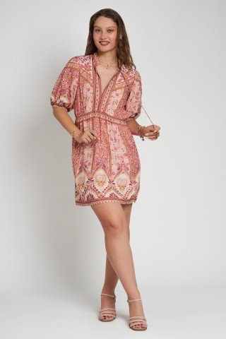Rochie mini roz cu maneci bufante si imprimeu floral boho
