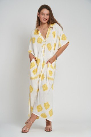 Rochie stil kaftan cu imprimeu galben
