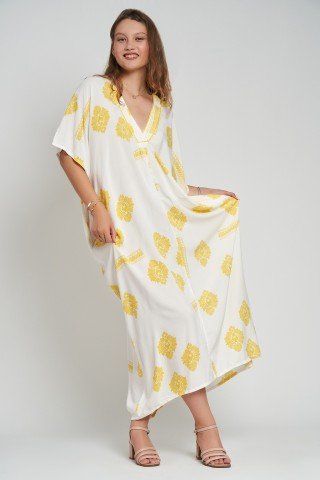 Rochie stil kaftan cu imprimeu galben