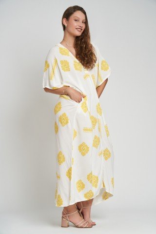 Rochie stil kaftan cu imprimeu galben