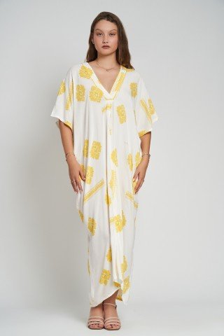 Rochie stil kaftan cu imprimeu galben