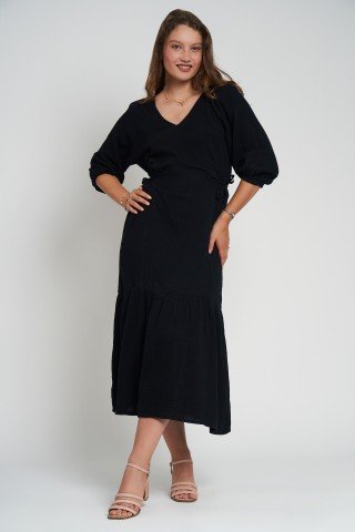 Rochie neagra din muselina cu volan