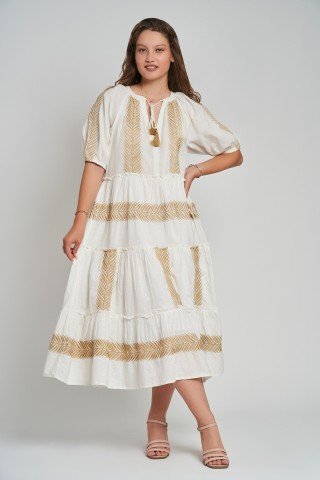 Rochie alba cu broderie Golden Palm