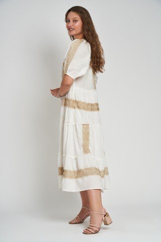 Rochie alba cu broderie Golden Palm