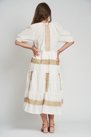 Rochie alba cu broderie Golden Palm