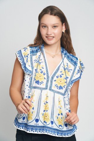 Bluza maneca scurta cu imprimeu floral galben si albastru