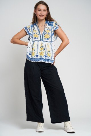 Bluza maneca scurta cu imprimeu floral galben si albastru