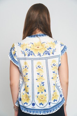 Bluza maneca scurta cu imprimeu floral galben si albastru