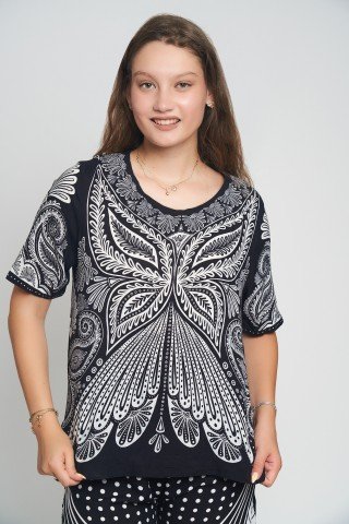Bluza maneca scurta cu imprimeu alb negru
