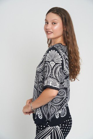 Bluza maneca scurta cu imprimeu alb negru