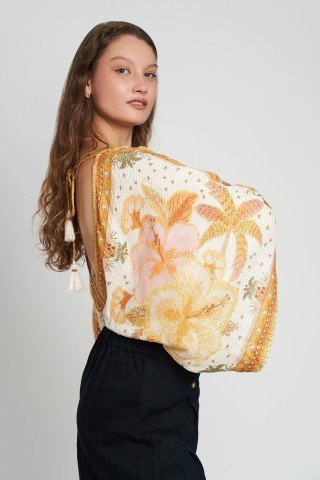 Bluza tip body cu maneci largi tip fluture si imprimeu floral