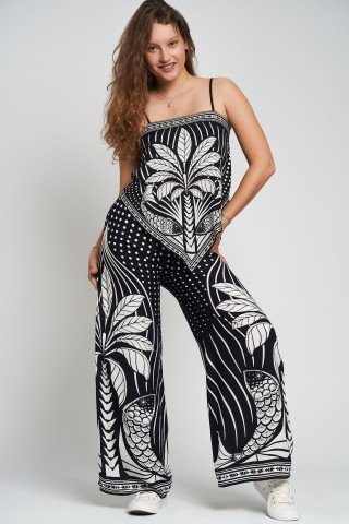 Pantaloni fluizi cu imprimeu alb negru palmier
