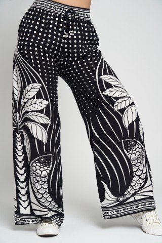Pantaloni fluizi cu imprimeu alb negru palmier