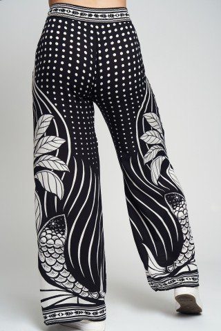 Pantaloni fluizi cu imprimeu alb negru palmier