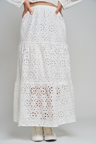 Fusta alba midi din material de bumbac cu broderie sparta