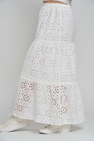 Fusta alba midi din material de bumbac cu broderie sparta