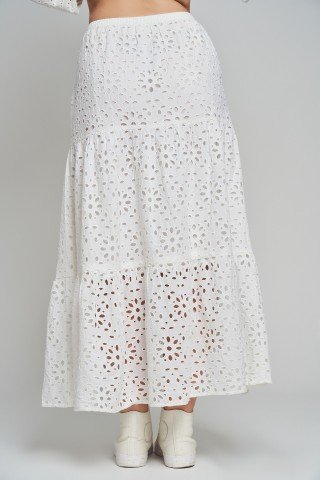 Fusta alba midi din material de bumbac cu broderie sparta