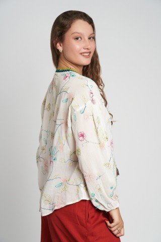Bluza beige still ie cu broderie florala colorata